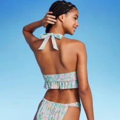 Women's Ruffle Tie-Front Halter Bikini Top - Wild Fable⢠Green Floral Print