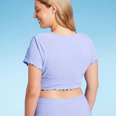 Women's Ruffle Detail Ribbed Short Sleeve Cropped Rashguard - Wild Fable™ Purple - Image 3