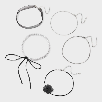 Crystal Faux Pearl & Ribbon Choker Necklace Set 5pc - Wild Fable⢠Black/Silver