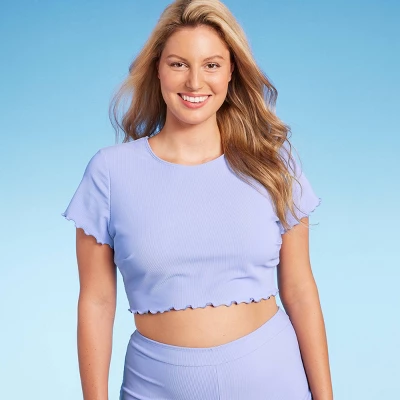 Women's Ruffle Detail Ribbed Short Sleeve Cropped Rashguard - Wild Fable™ Purple - Image 2