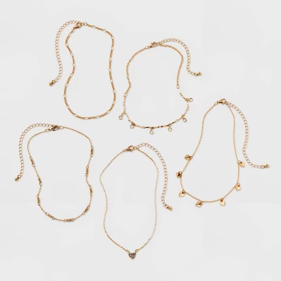 Embellished Heart Chain Choker Necklace Set 5pc - Wild Fable⢠Gold