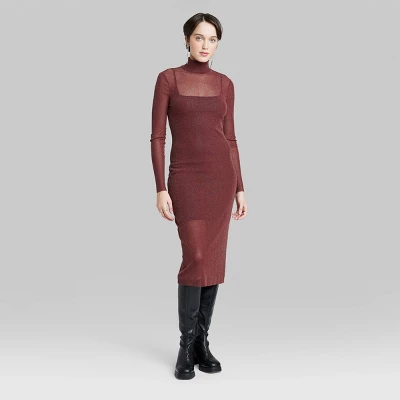 Women's Long Sleeve Lurex Mesh Midi Dress - Wild Fable⢠Burgundy