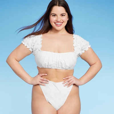 Women's Puff Sleeve Eyelette Bralette Bikini Top - Wild Fable⢠White - Image 3