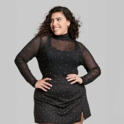 Women's Rhinestone Mesh Mock Turtleneck Top - Wild Fableā¢