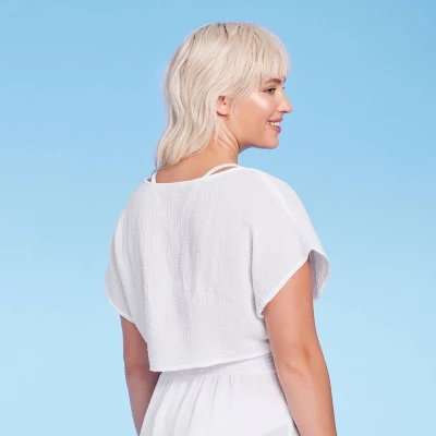 Women's Tie-Front Cover Up Short Sleeve Crop Top - Wild Fable⢠White - Image 3