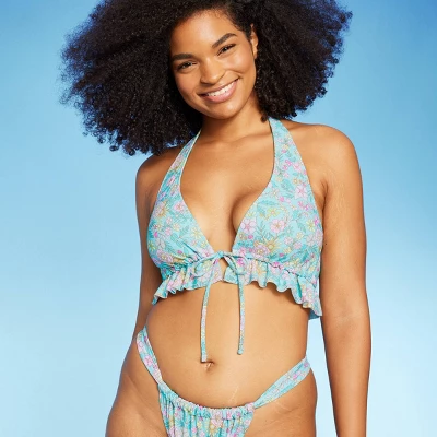 Women's Ruffle Tie-Front Halter Bikini Top - Wild Fable⢠Green Floral Print - Image 3