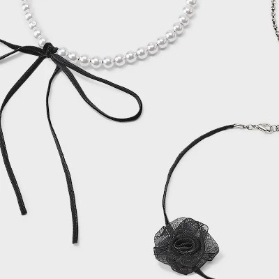 Crystal Faux Pearl & Ribbon Choker Necklace Set 5pc - Wild Fable⢠Black/Silver - Image 2