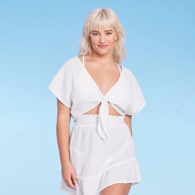 Women's Tie-Front Cover Up Short Sleeve Crop Top - Wild Fable⢠White - Image 2