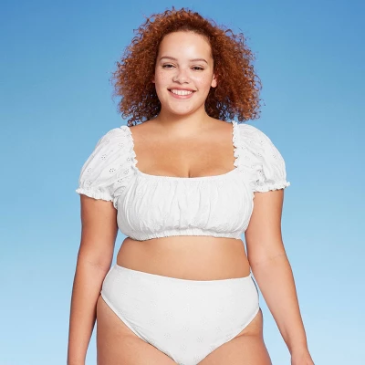 Women's Puff Sleeve Eyelette Bralette Bikini Top - Wild Fable⢠White - Image 8