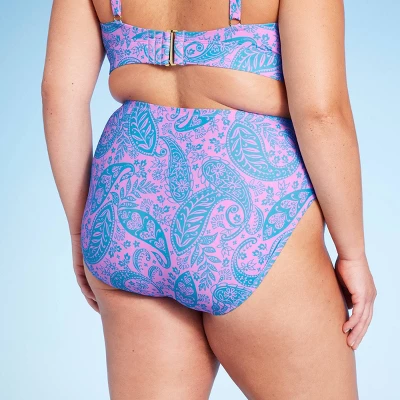 Women's Paisley Print High Waist Medium Coverage High Leg Bikini Bottom - Wild Fable⢠Blue/Pink