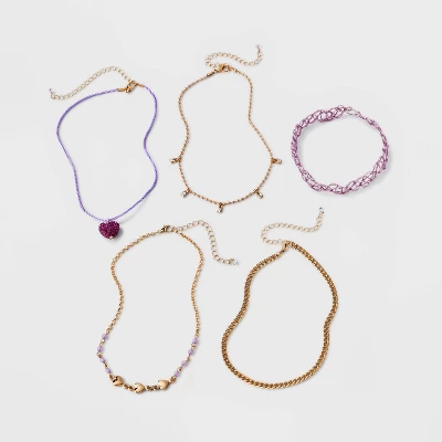 Embellished Heart Choker Necklace Set 5pc - Wild Fable⢠Gold/Purple