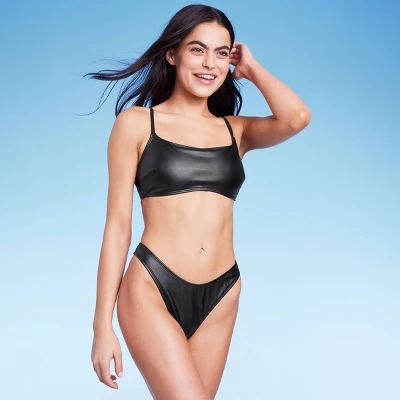 Women's Faux Leather High Leg Extra Cheeky Bikini Bottom - Wild Fable⢠Black - Image 3