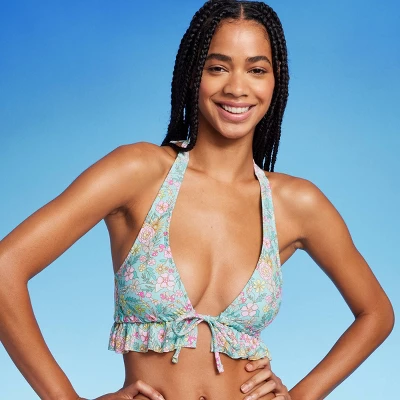 Women's Ruffle Tie-Front Halter Bikini Top - Wild Fable⢠Green Floral Print - Image 2