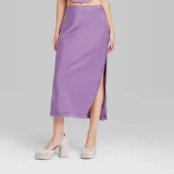 Women's Satin Lace Trim Midi Skirt - Wild Fableā¢