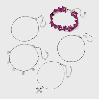 Lace Heart And Rose Cross Choker Necklace Set 5pc - Wild Fable⢠Silver